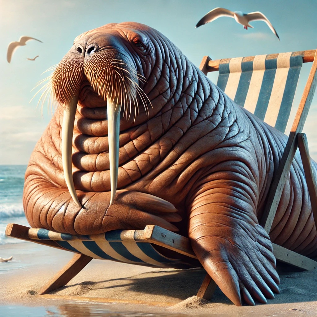 Dall-E free generation of An ultra-realistic portrait of a walrus sunning itself on a beach chair.