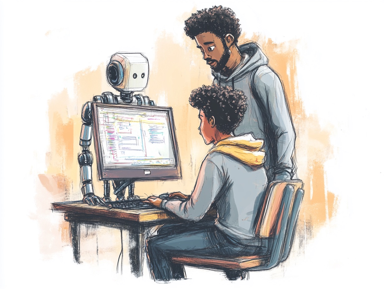 A developer standing behind and evaluating a college-aged student at a computer. The student is sitting next to a robot; they are helping each other.
