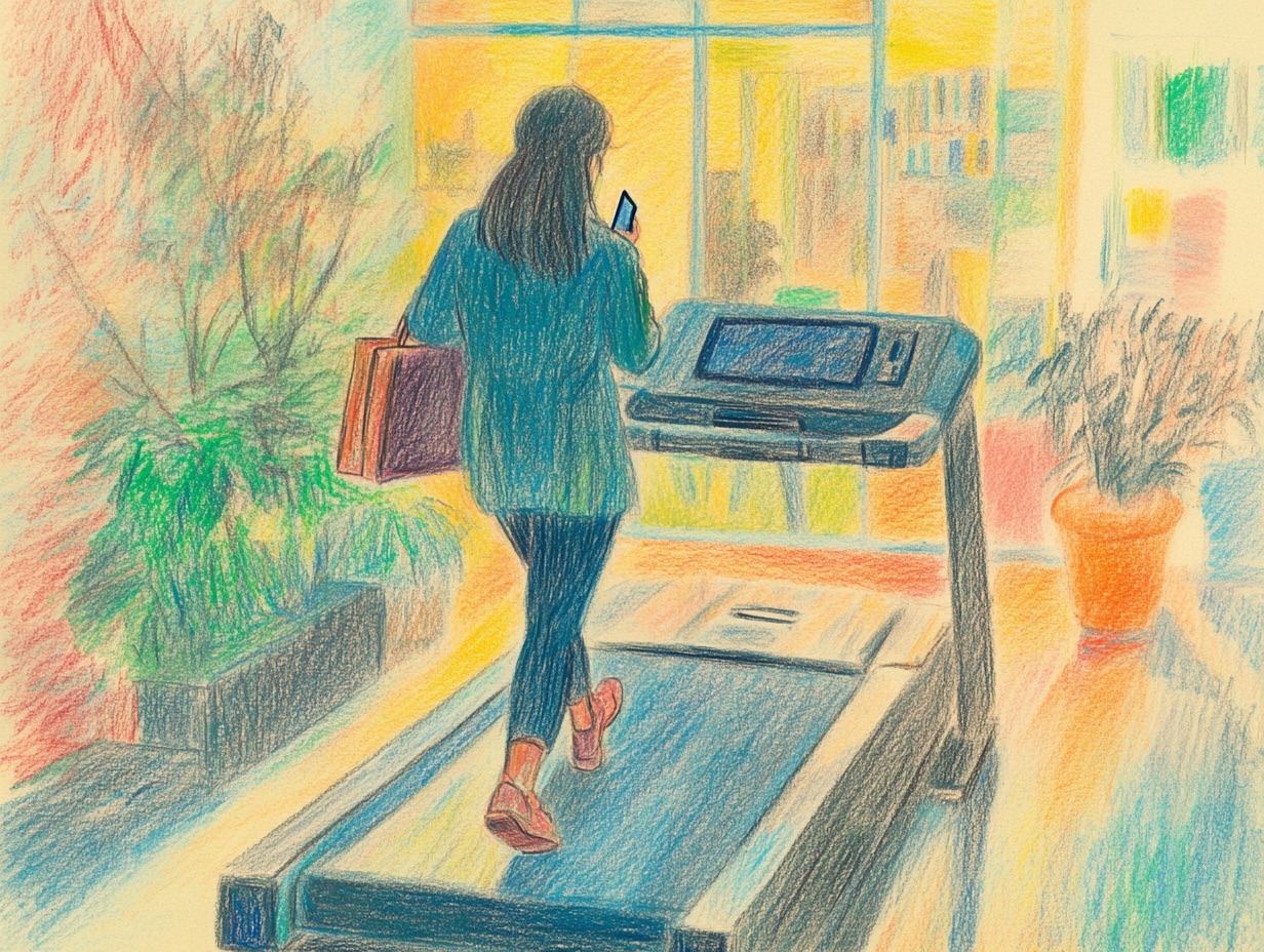 colored pencil drawing of a young woman on a treadmill while carrying a briefcase and talking on the phone
