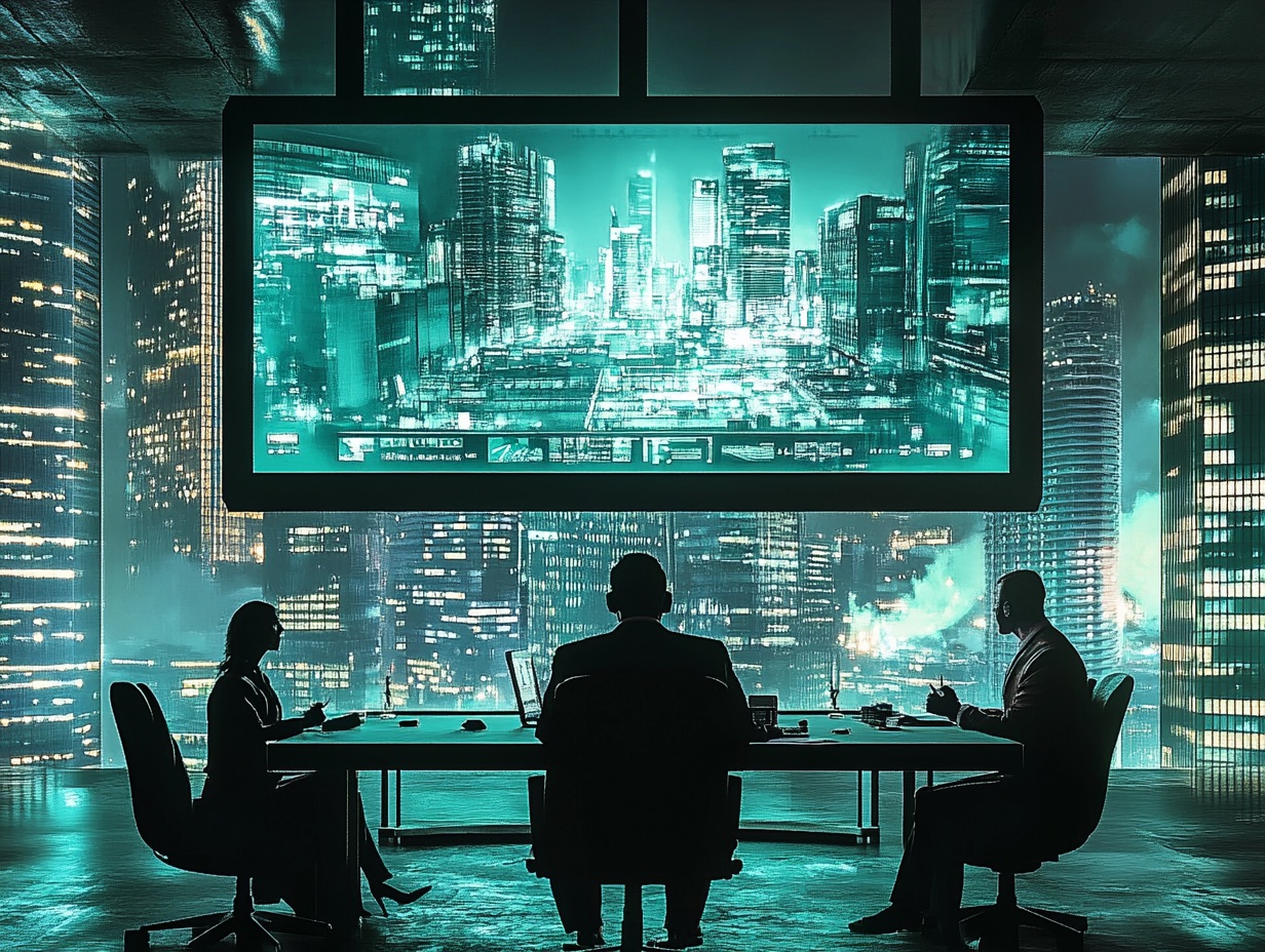 Screen displaying a businessperson discussing a new initiative, dystopian