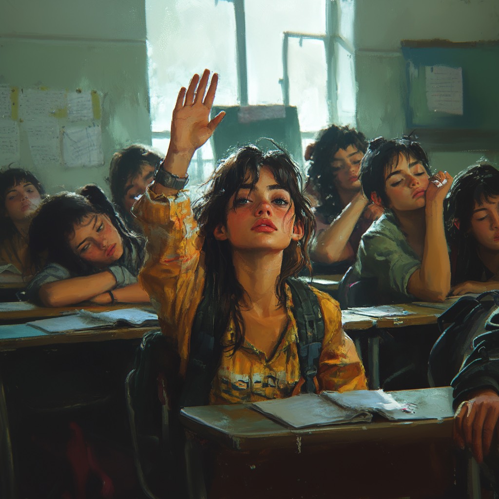 classroom full of bored students with a single one paying attention