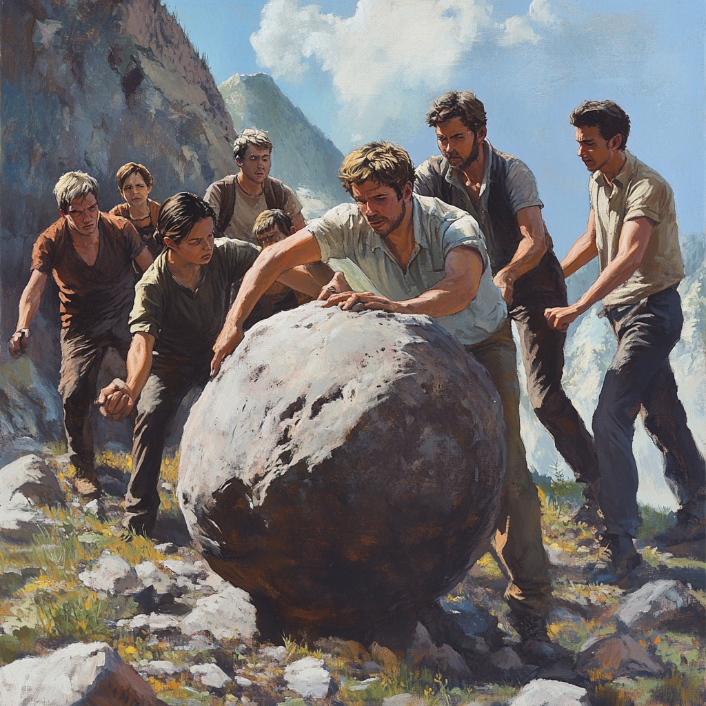 a group of people pushing a boulder up a hill like Sisyphis