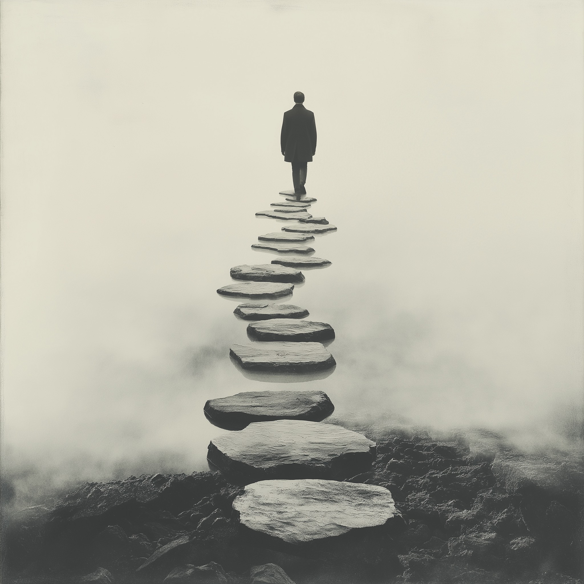 a footstone path in the void with a single person traversing it