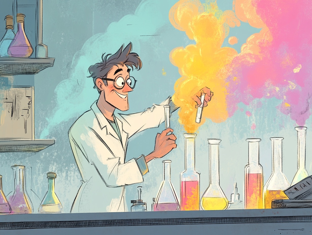 hand-drawn cartoon depiction of a scientist experimenting in a chemistry lab