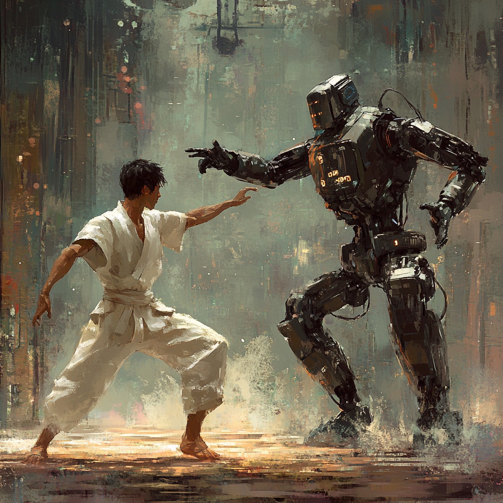 A kung fu artist ready to spar against a robot