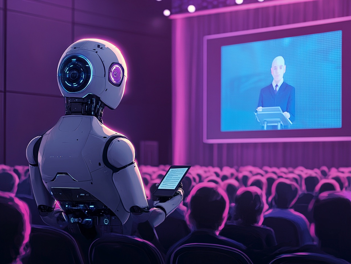 A robot watching a live presenter on stage and taking notes