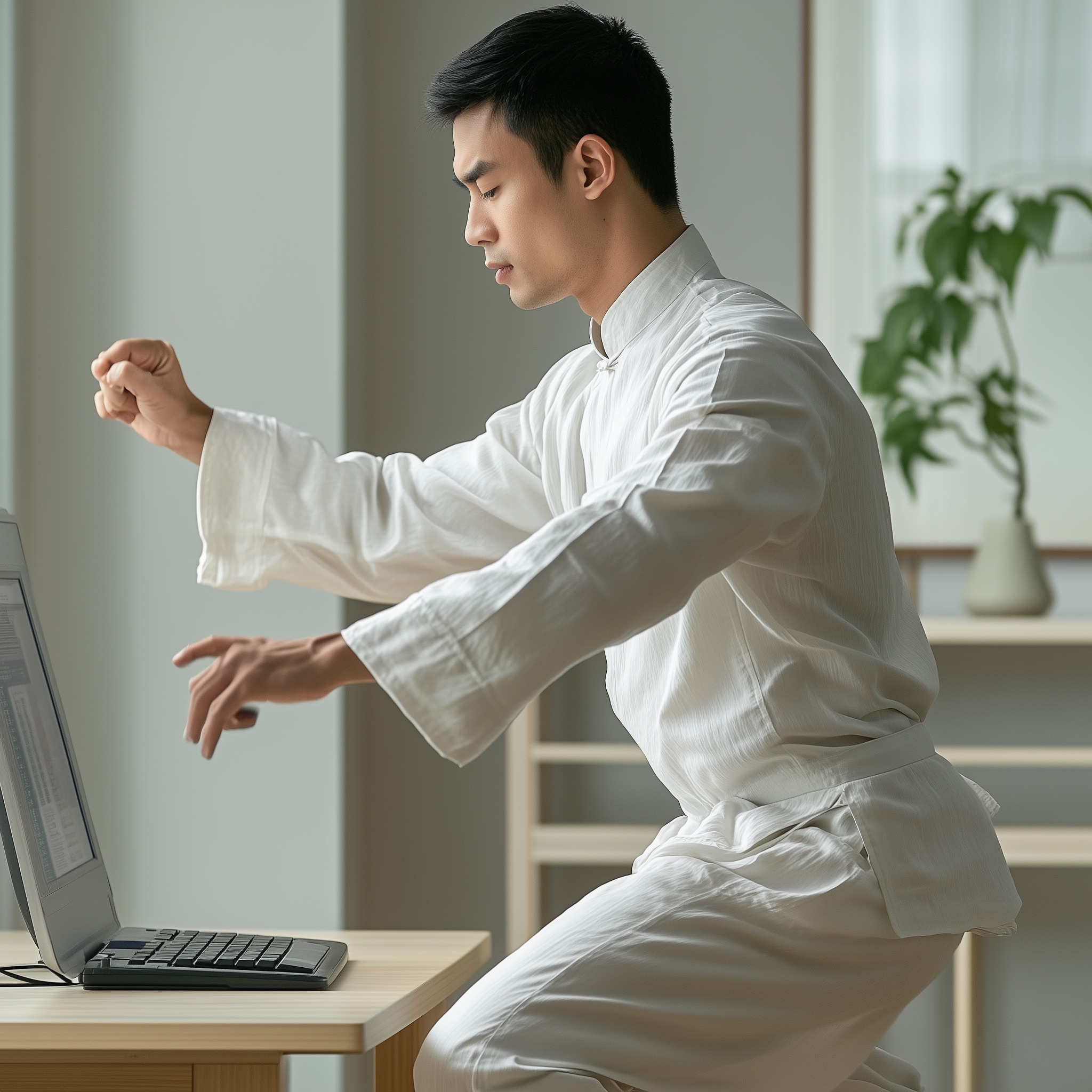 A software developer practicing tai chi while programming