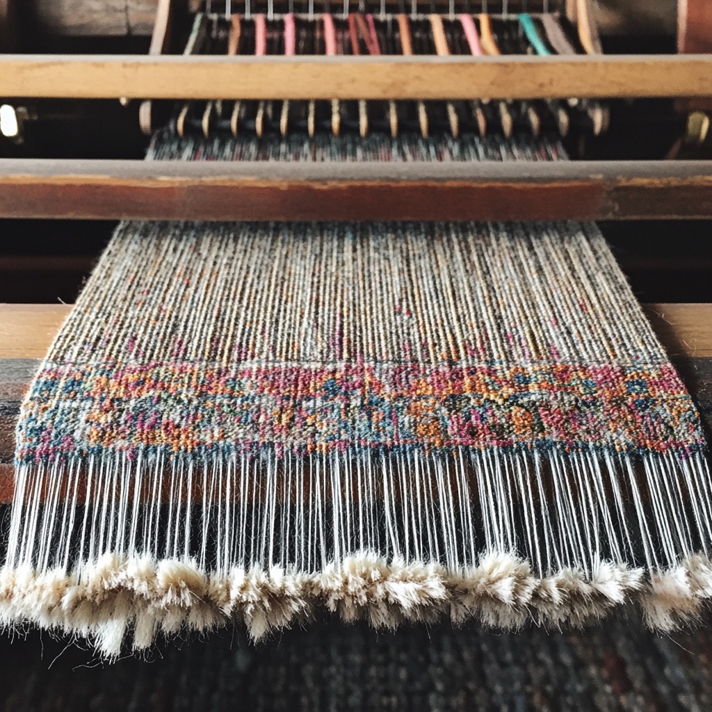 a textile mid-weave on a loom with visible loose ends