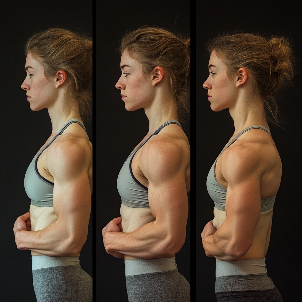 a triptych of a female gymnast with visibly larger biceps from left to right