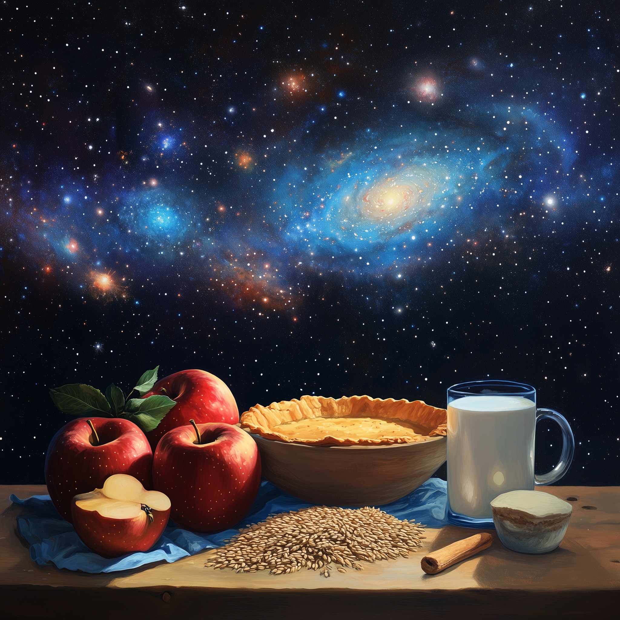 The ingredients for an apple pie from scratch: apples, milk, pie crust, the universe
