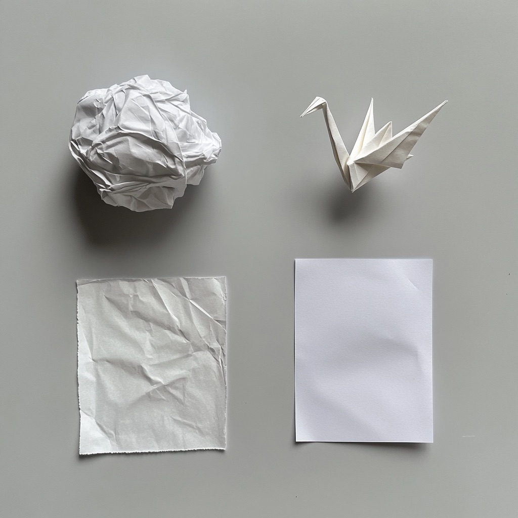Four pieces of paper: one flat, one crumpled, one roughly folded, and one an origami paper crane