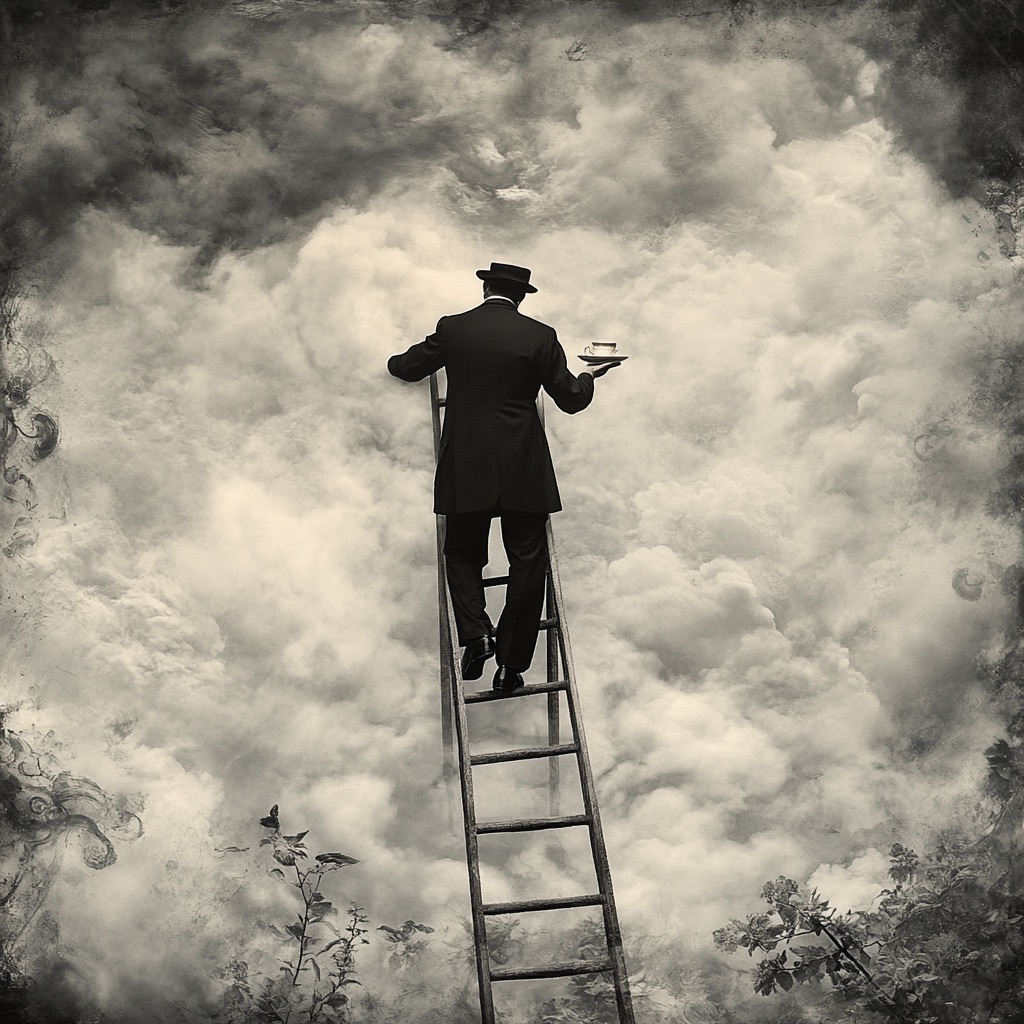 A supplicant climbing a long ladder to meet their god, coffee in hand