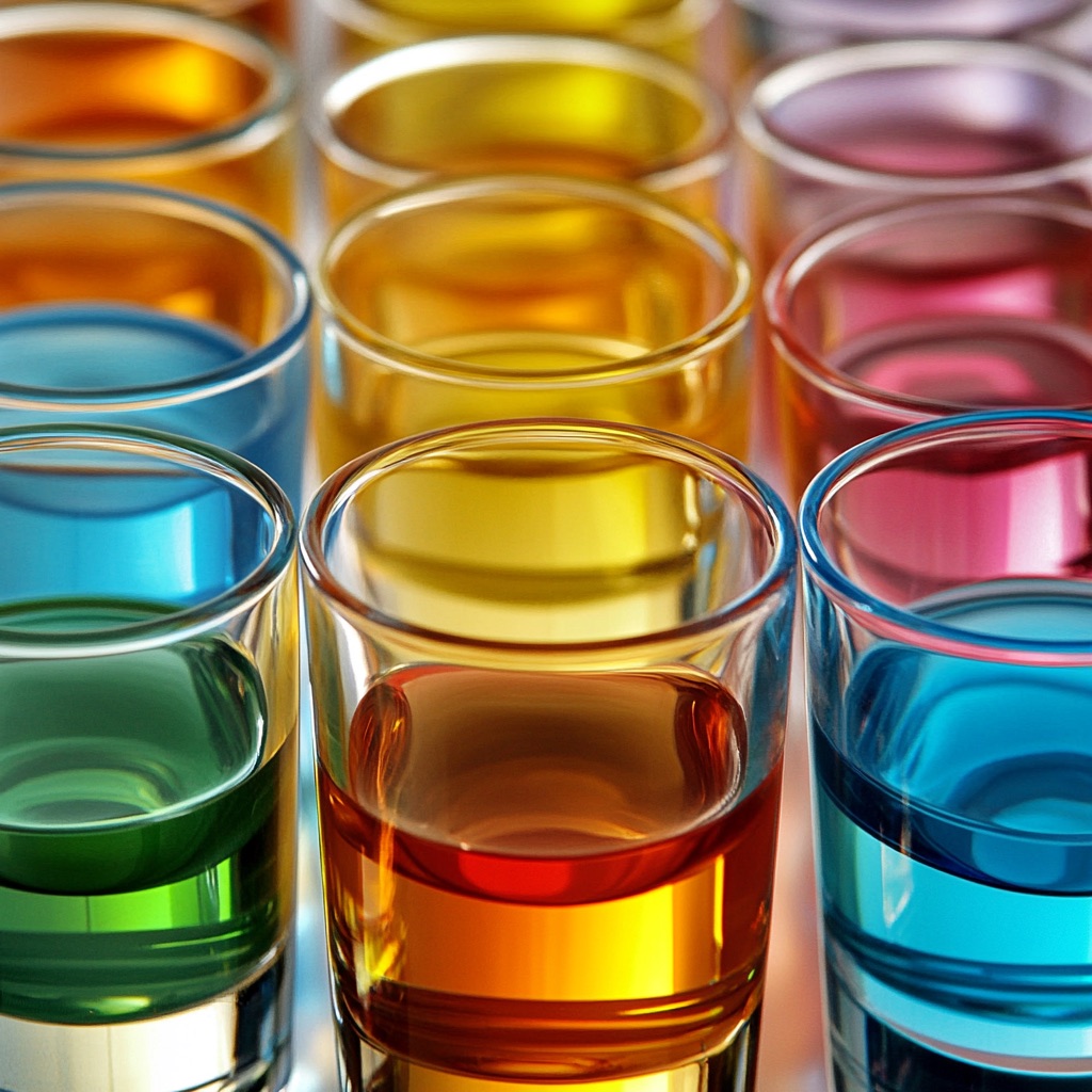 Photograph of a collection of glasses filled to various levels with different colored liquids