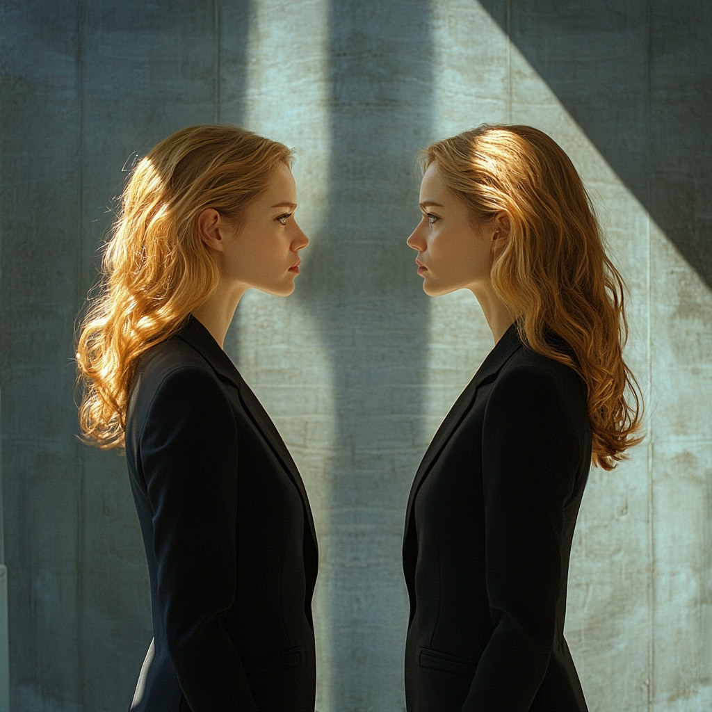 two mirror images of the same businesswoman looking at each other