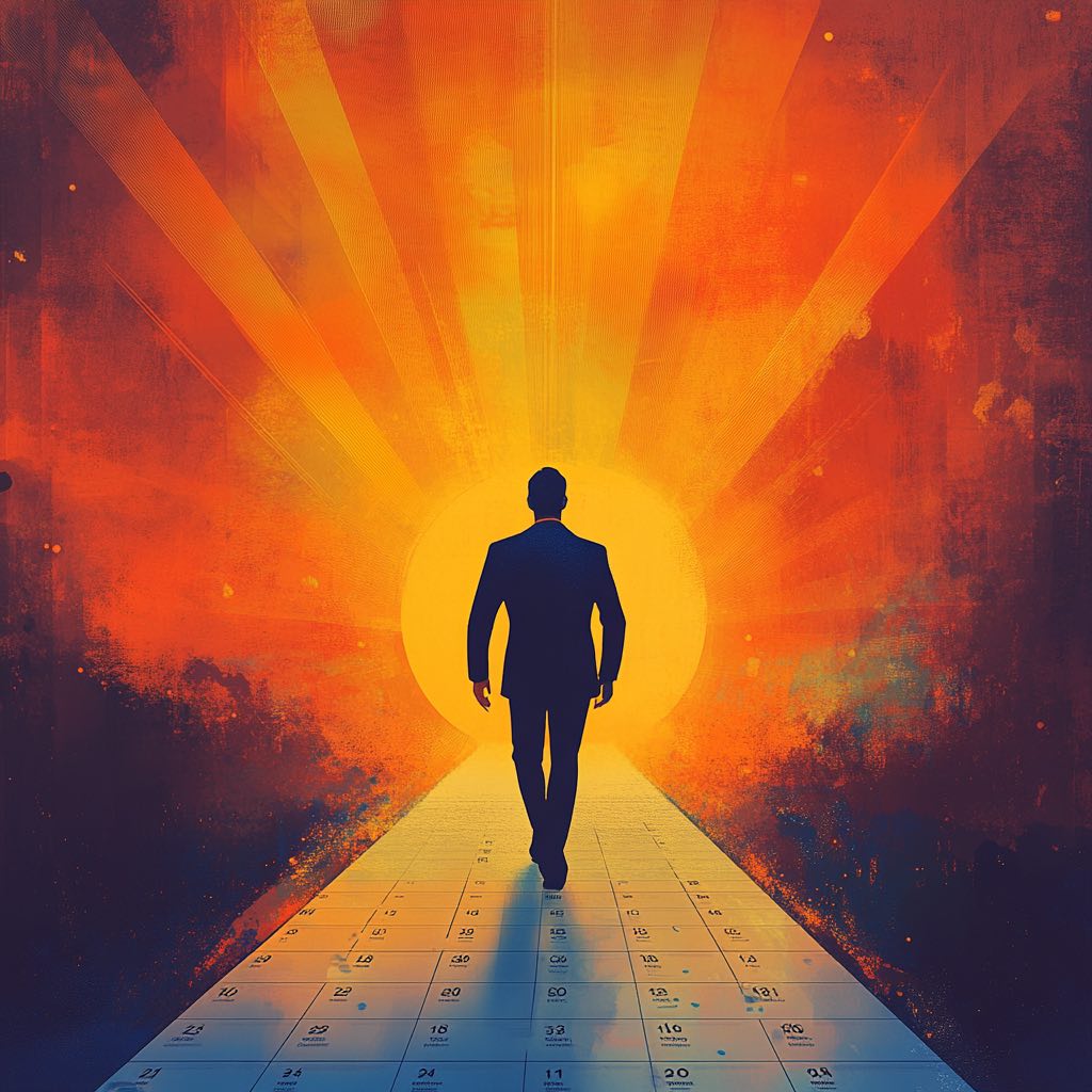 a businessperson treading over their calendar towards enlightenment