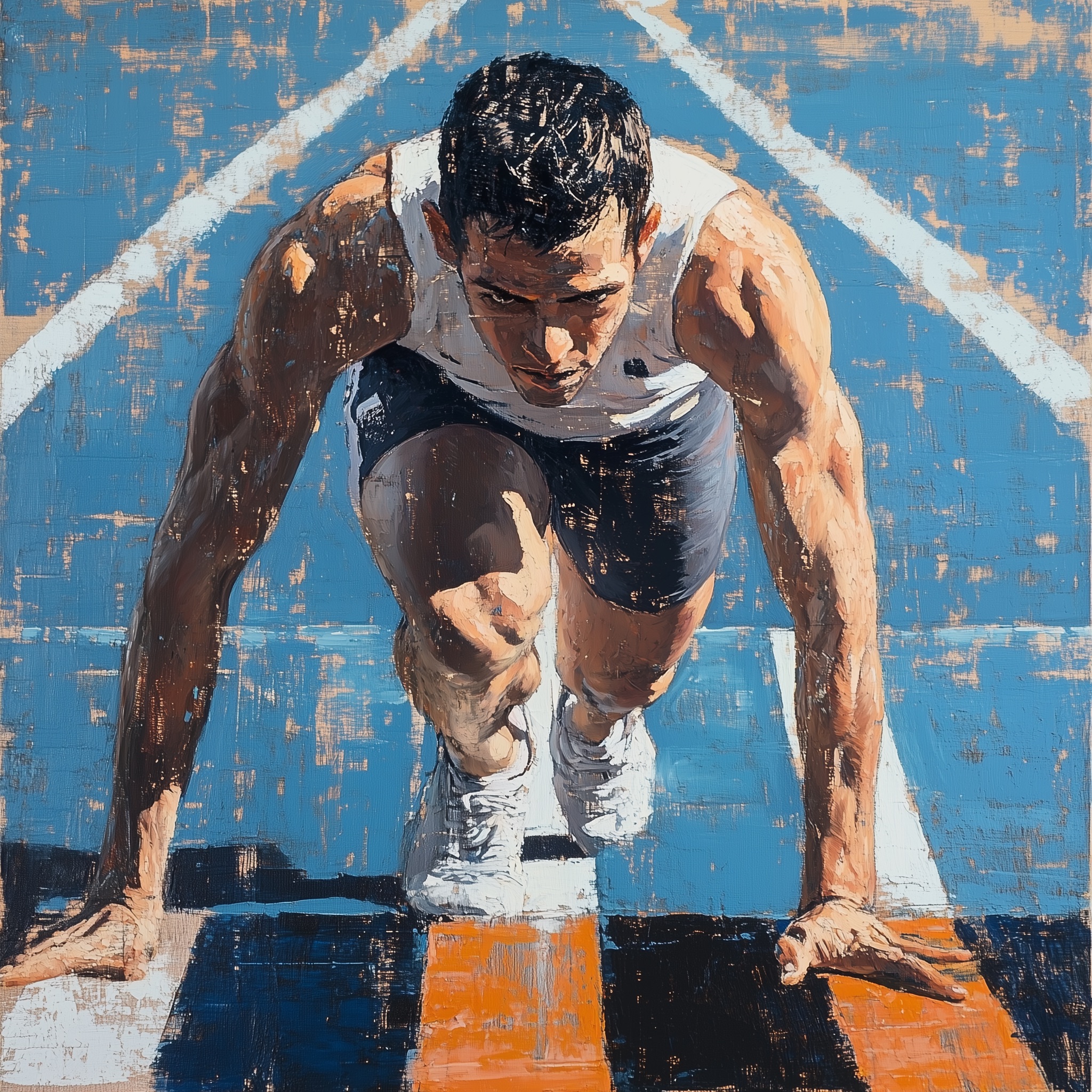 a runner on the starting block, tensed for the first stride