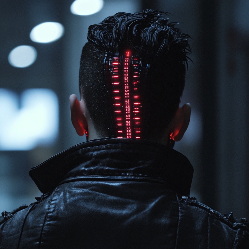 the back of the head of a young adult cyberpunk, with a few open ports on display