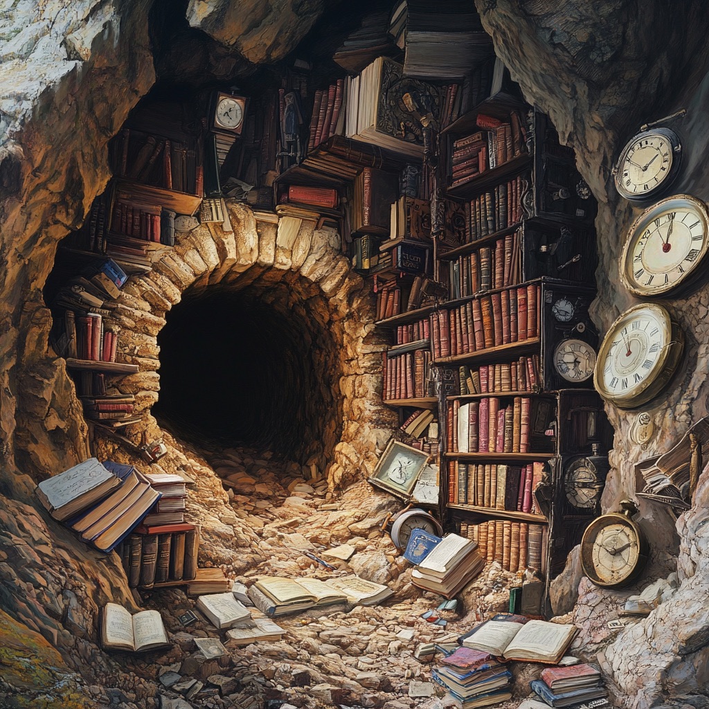 The entrance to a mind dug into a pile of books and clocks