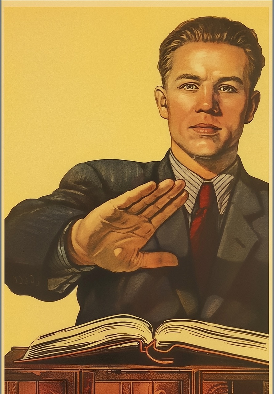 A riff on the 'HET!' Soviet anti-alcohol propaganda, with a man refusing a book