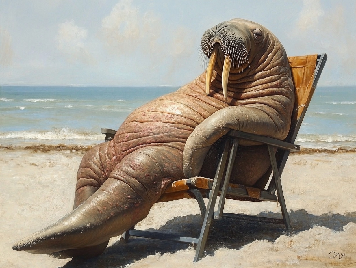 Midjourney generation prompt--Ultra-realistic portrait of a walrus sunning itself on a beach chair.